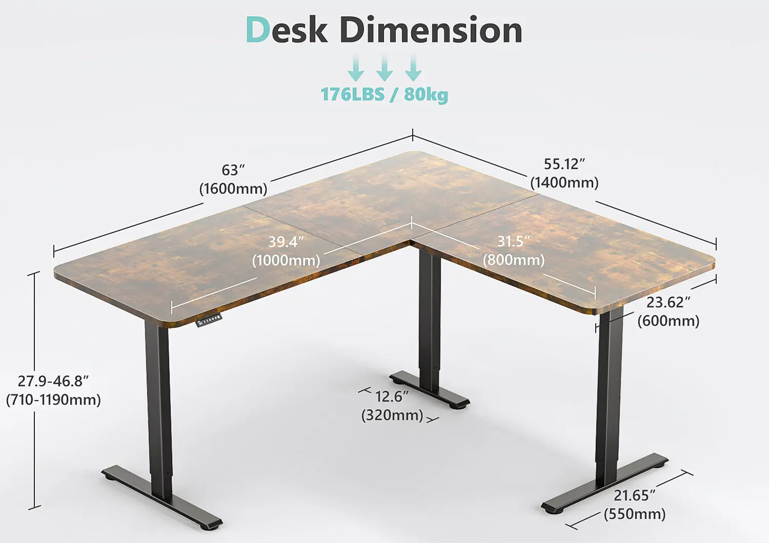 L Shaped Electric Standing Desk with 3-Leg A1L, 63'' - Vvenace