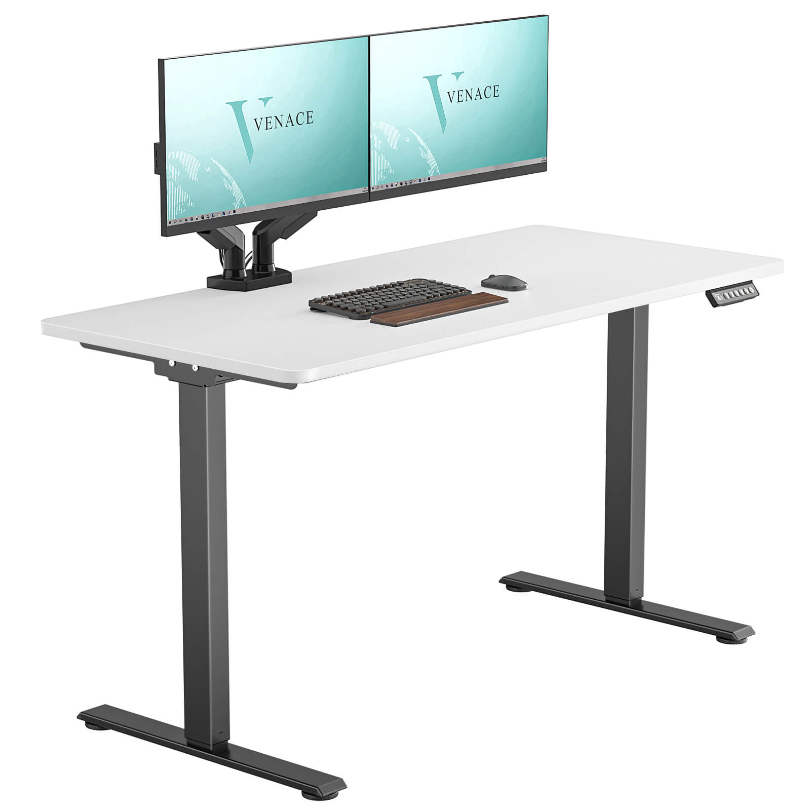 VVENACE  Electric Standing Desk Height Adjustable Desk 4 Memory Height Ergonomic Sit Stand up Desk for Home Office, White&Black  Frame  One-Piece Desktop