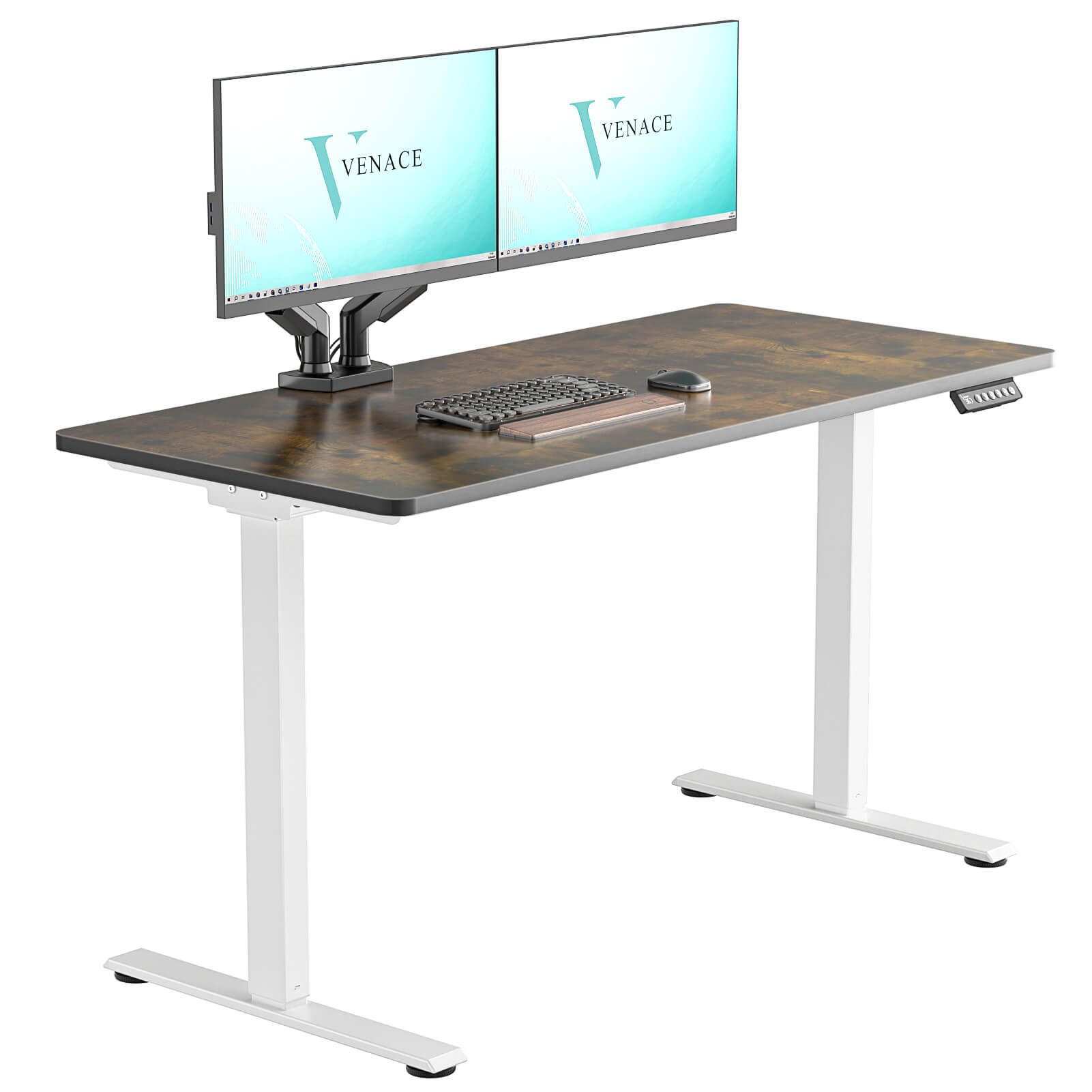 VVENACE  Electric Standing Desk Height Adjustable Desk 4 Memory Height Ergonomic Sit Stand up Desk for Home Office, White&Black  Frame  One-Piece Desktop