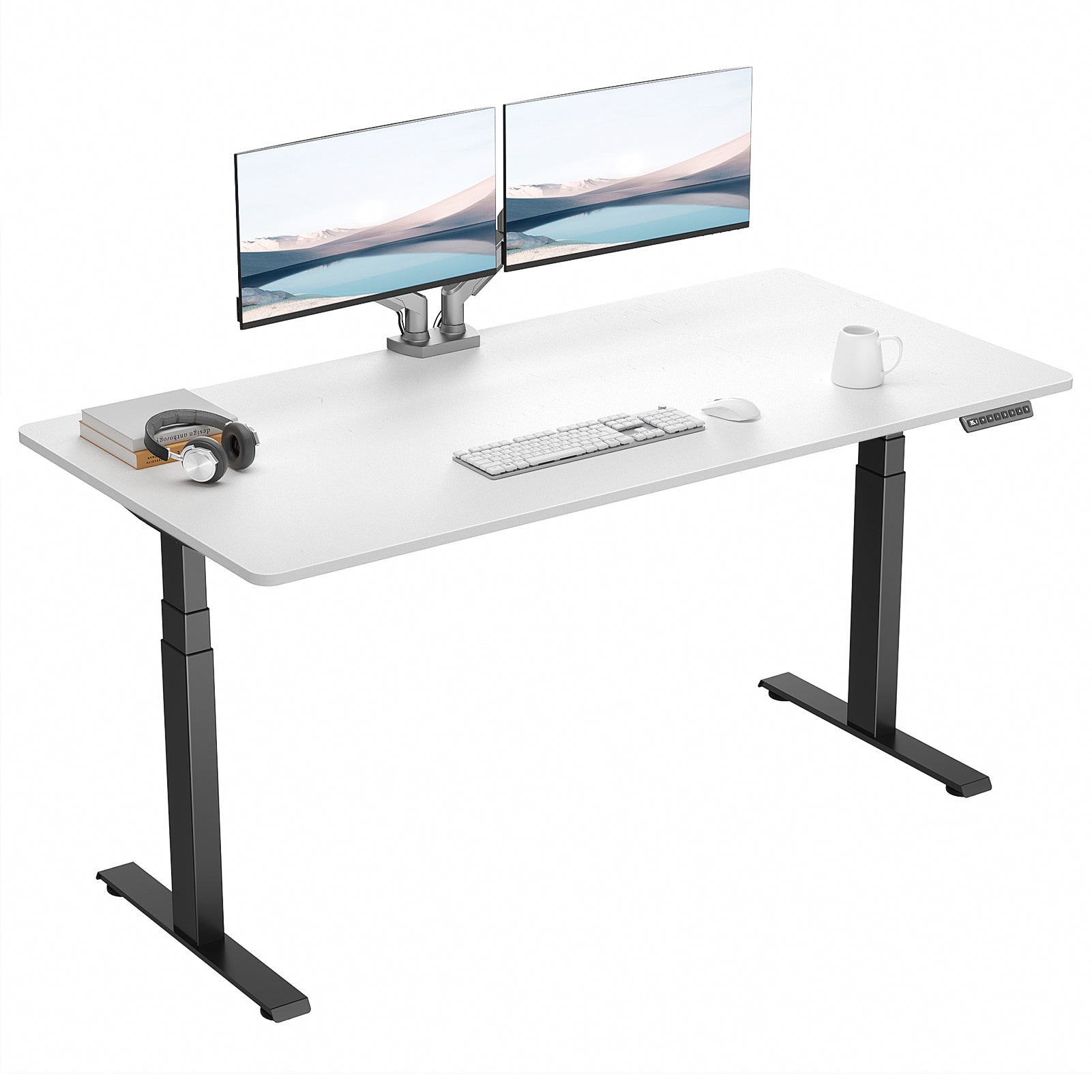 VVENACE  Electric Standing Desk Height Adjustable Desk 4 Memory Height Ergonomic Sit Stand up Desk for Home Office, White&Black  Frame  One-Piece Desktop