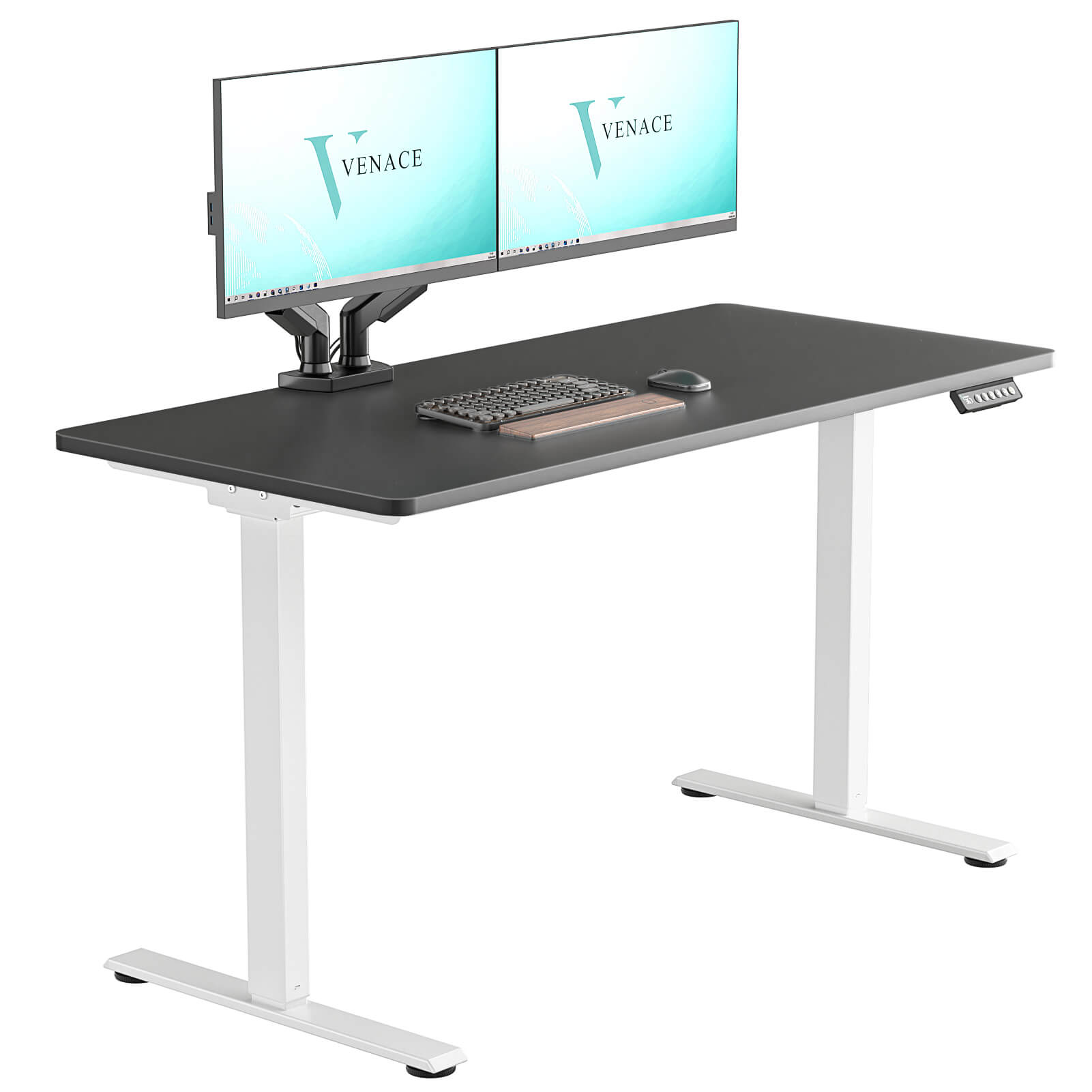 VVENACE  Electric Standing Desk Height Adjustable Desk 4 Memory Height Ergonomic Sit Stand up Desk for Home Office, White&Black  Frame  One-Piece Desktop